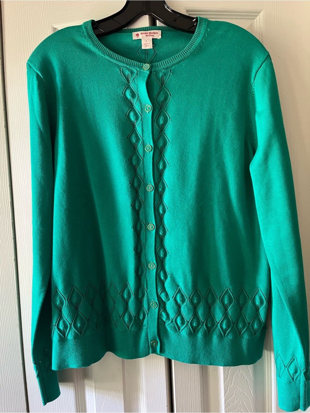 Brooks Brothers Teal Green Button-Up Diamond Pointelle Cardigan
